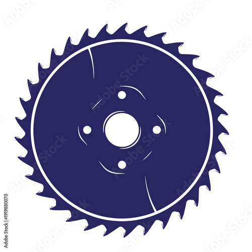 Dark blue circular saw blade with sharp teeth and white outline on white background