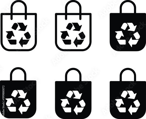 Set of reusable shopping bag icons with recycle symbol, eco friendly tote illustrations in black and white, sustainability concept, zero waste and environmental protection design