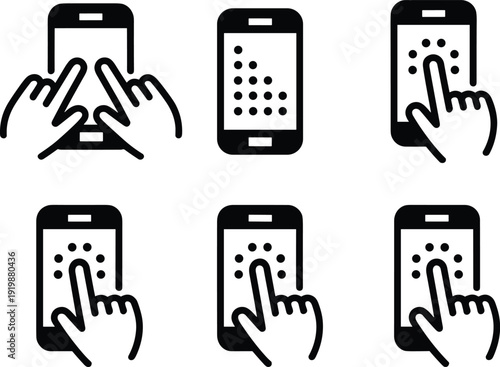Set of smartphone touch screen gesture icons showing pinch zoom, tap, swipe and multitouch interaction symbols isolated on white background, mobile interface vector illustration