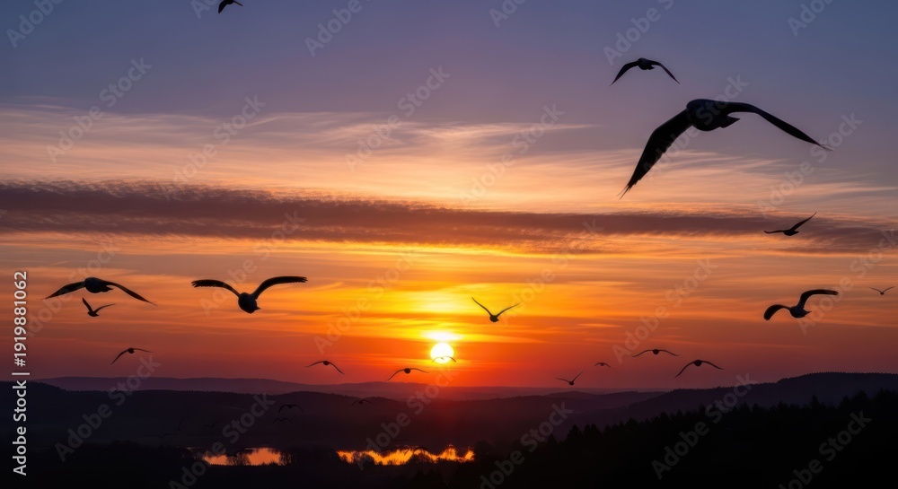 Naklejka premium Silhouetted birds in flight against a vibrant sunset sky over a tranquil lake.