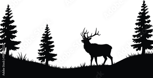 Black vector silhouette of a majestic elk buck with large antlers standing in a forest clearing for wilderness adventure nature conservation and hunting branding,