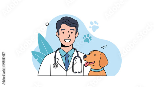 Friendly male veterinarian in white professional coat with stethoscope posing with a happy brown dog in an animal clinic setting.