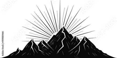 Black vector silhouette of a majestic mountain range with a sunburst of light rays for outdoor adventure nature tourism hiking and wilderness travel branding