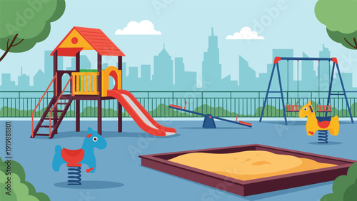 Colorful children playground with slides, swings, seesaw, and sandbox located in an urban park with a city skyline background.