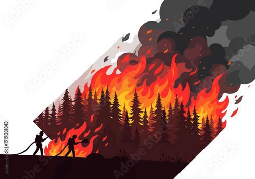 Forest fire emergency with firefighters battling flames to save trees and nature, intense blaze illustration