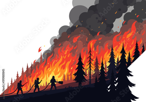 Illustrative graphic of firefighters battling a large forest fire with tall flames and smoke plumes