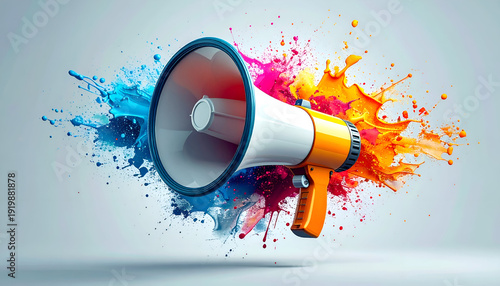Colorful announcement concept with loudspeaker and abstract paint splashes, ideal for advertising and social media campaigns.