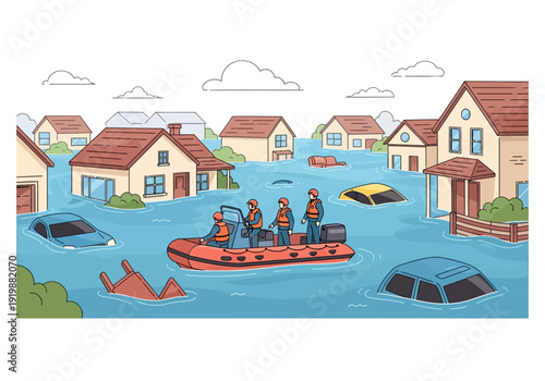 Emergency rescue team navigating a flooded residential area with submerged cars and houses