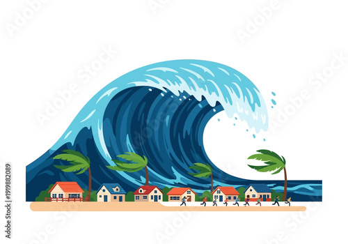 Massive tsunami wave crashing down on a coastal town, causing destruction and chaos