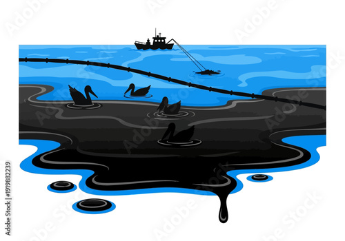Environmental pollution of oil spill harming wildlife and marine ecosystems