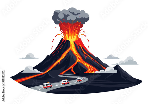 Illustration of a volcanic eruption with lava flowing down the mountainside and cars driving on a road nearby