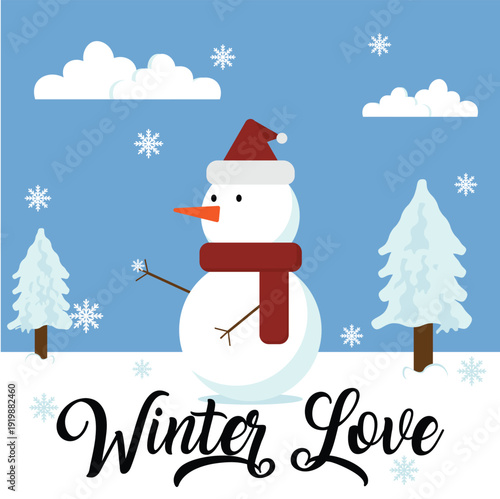 Winter Love with a snowman wearing a hat and a shawl