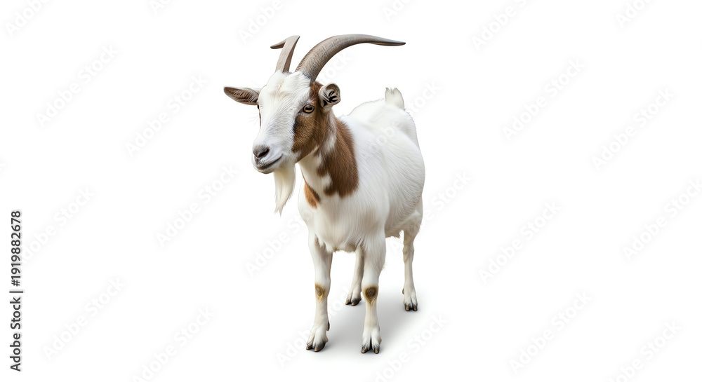 Fototapeta premium White and Brown Goat Standing on Plain Surface with Clear Background.