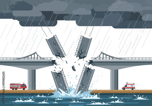 Catastrophic bridge collapse during a storm with emergency services responding