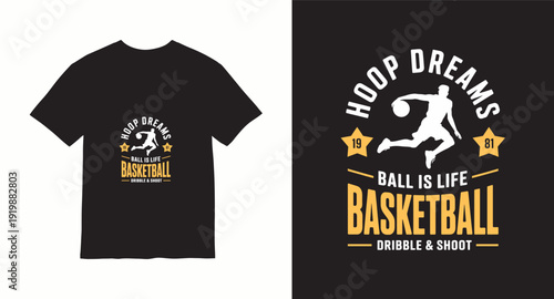 Hoop dreams ball is life basketball dribble shoot 1981 t-shirt design with player silhouette