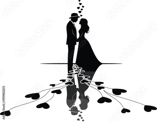 Black vector silhouette of a romantic wedding couple standing face to face with heart reflections for bridal branding marriage celebration and engagement invitation design
