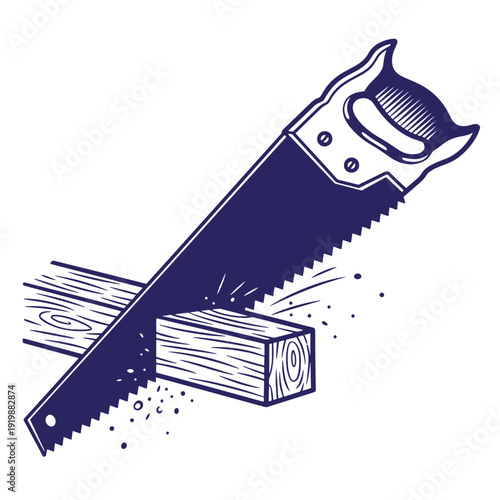 Hand saw cutting through a wooden plank with sparks flying around the blade