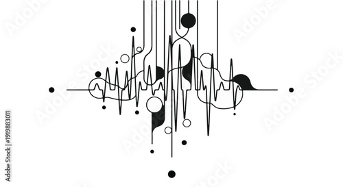Abstract music vector illustration featuring a pattern of black musical note symbols and melodic line shapes on a decorative background design