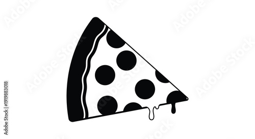 A simple black and white illustration depicts a single slice of pizza with melted cheese and pepperoni