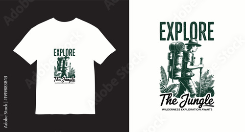 Explore the jungle, wilderness exploration awaits, vintage style graphic of a hiker with backpack and walking stick in dense foliage