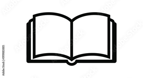 A simple black and white line drawing depicts an open book suggesting knowledge learning and storytelling high quality