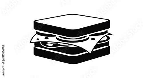 A simple black and white illustration depicts a stacked sandwich with visible layers of bread cheese and filling
