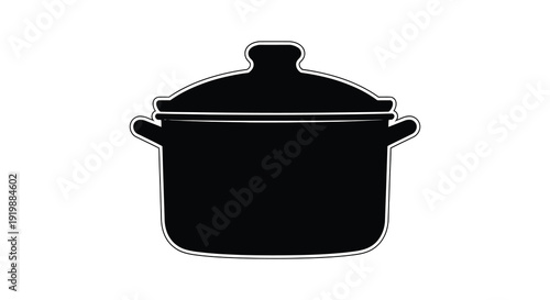 A simple black silhouette depicts a round cooking pot with a lid and two handles isolated on white
