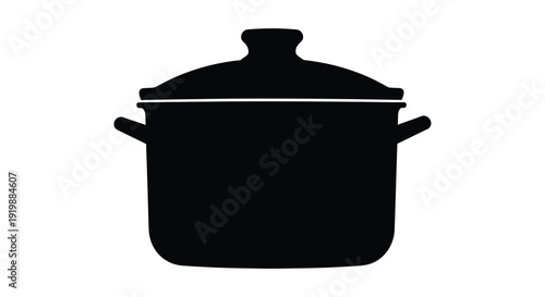 A stark black silhouette depicts a classic cooking pot with a fitted lid and sturdy handles high quality