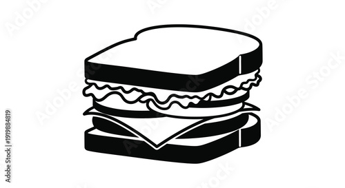 A simple black and white illustration depicting a stacked sandwich with visible layers of bread cheese and filling