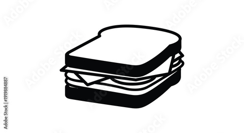 A simple black and white illustration depicts a classic sandwich with visible layers of bread filling and cheese