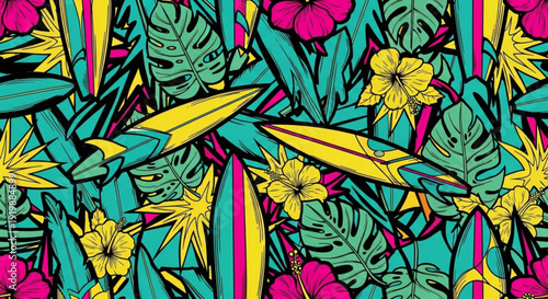 Vibrant tropical floral pattern with surfboard colorful leaves flowers and fruits in jungle foliage background