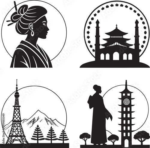Japanese woman silhouette traditional kimono temple tower mountain landscape vector