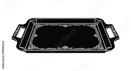 A black and white illustration depicts an ornate rectangular serving tray with decorative handles high quality professional detailed