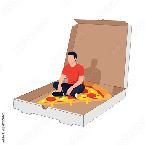 Sad Man Sitting Inside Giant Pizza Box Concept of Unhealthy Diet Vector Illustration