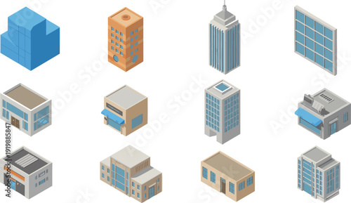 Set of 12 isometric 3D building icons, modern commercial, office and retail architecture collection for urban design