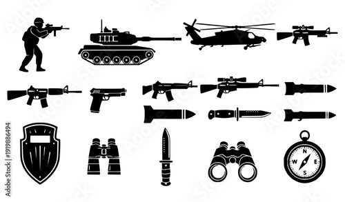 Black Solid Military Icons – Army, Defense, and Tactical Vector Set