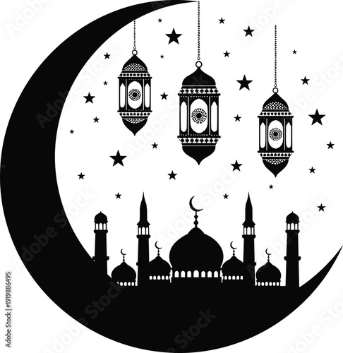 Mosque crescent lantern silhouette illustration, black icon dome minaret Islamic architecture Ramadan Eid worship cultural heritage design, vector artwork, religion and lifestyle theme, 
