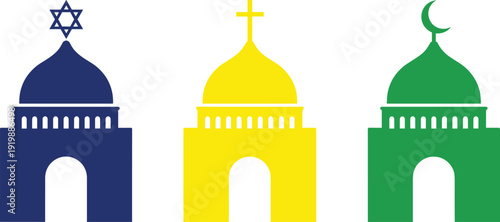Religious building illustration set, Judaism Christianity Islam domed architecture cultural diversity heritage worship design, vector artwork, religion and lifestyle theme, isolated background