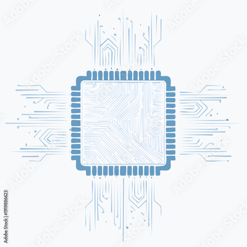 Abstract blue microchip graphic with intricate circuit pathways, symbolizing digital computing power, electronic innovation, and the modern technological landscape for advanced data flow