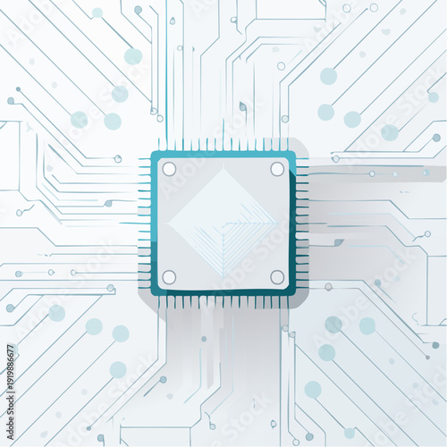 Modern technological concept featuring a stylized microchip at the core of a sophisticated circuit board design, symbolizing innovation and digital progress