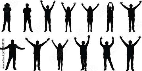 Large Crowd Of People Cheering Silhouettes Set Featuring Diverse Group Of Men And Women Celebrating Victory Success Achievement And Joy