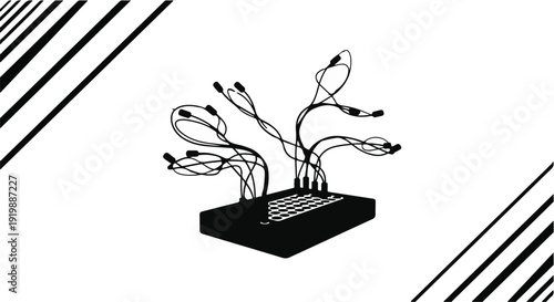 Electronic patch bay with multiple audio cables connected in a complex tangled mess set against a solid white background suitable for musical equipment retail websites or sound engineering ads.
