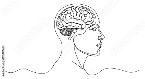 Line art profile of a human head with brain illustration