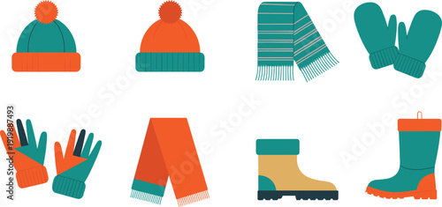 Winter clothing accessories set including hats, scarves, gloves and boots in flat vector style isolated on light background