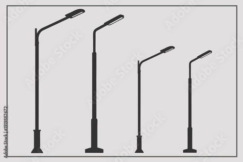 city lampposts light silhouette illustration. electric poles, street light poles, silhouette style, power lines, utility infrastructure, urban elements, black isolated drawing, editable