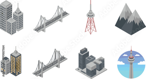 Isometric architectural icon collection, city skyscrapers, suspension bridge, broadcast tower and mountain landscape 3D landmark illustration set