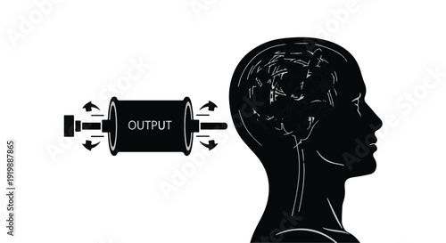 Vector illustration of a black silhouette profile of a woman with headphones and a microphone representing a human mind and business idea concept