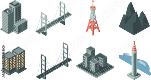 Isometric city landmarks icon set, skyscrapers, suspension bridge, radio tower and mountain elements 3D architectural illustration collection