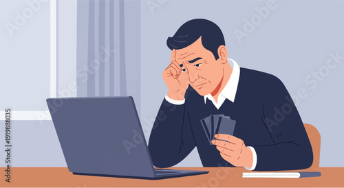 Man sitting at a table with a laptop and holding cards, looking stressed