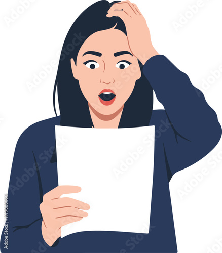 Shocked woman holding a document with a surprised expression, expressing disbelief and astonishment